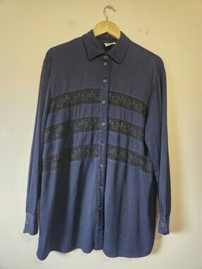 JOHNNY WAS Collection Navy Floral Embroidered Button Down Tunic Blouse Size L